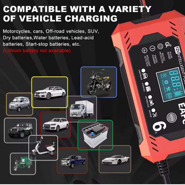 Intelligent Car Battery Charger 12V/24V - LCD Display & Automatic Protection