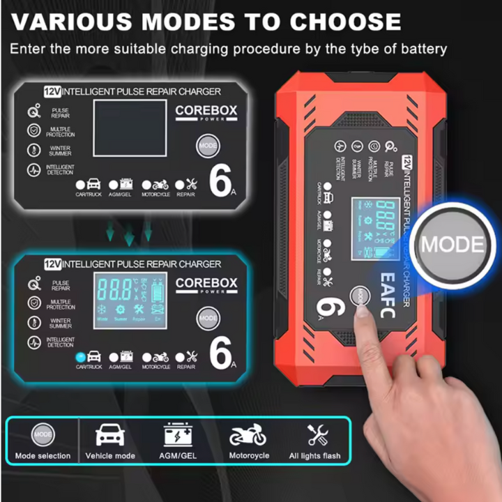 Intelligent Car Battery Charger 12V/24V - LCD Display & Automatic Protection