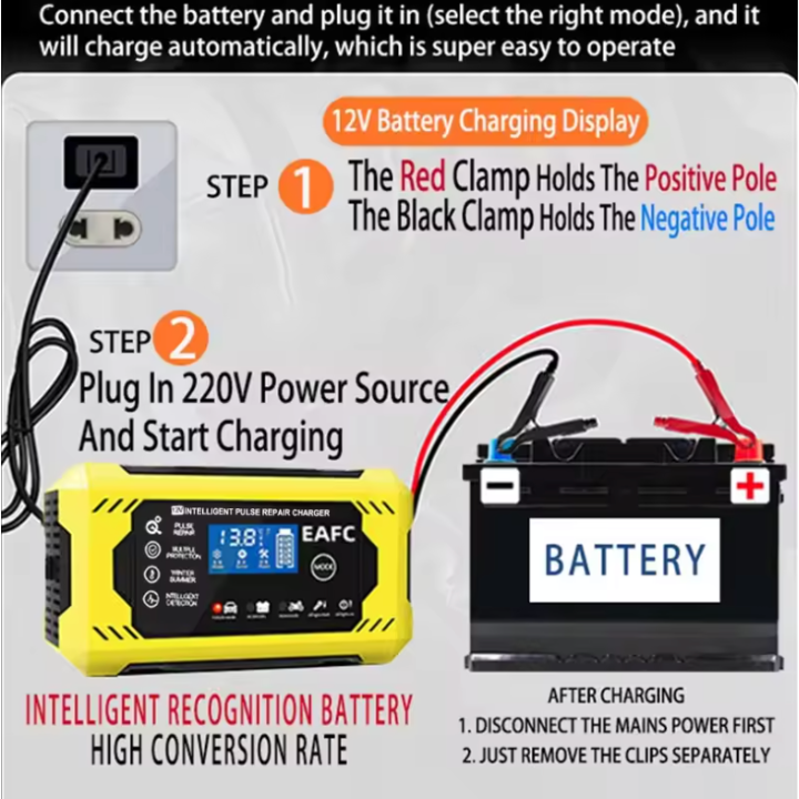 Intelligent Car Battery Charger 12V/24V - LCD Display & Automatic Protection