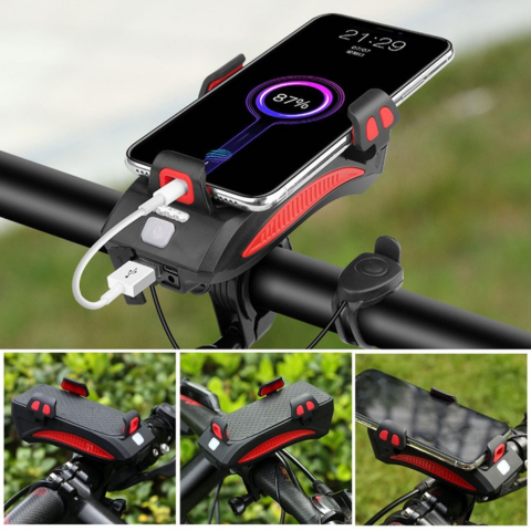 Multifunkčná bicyklová lampa – držiak na telefón a klaksón 